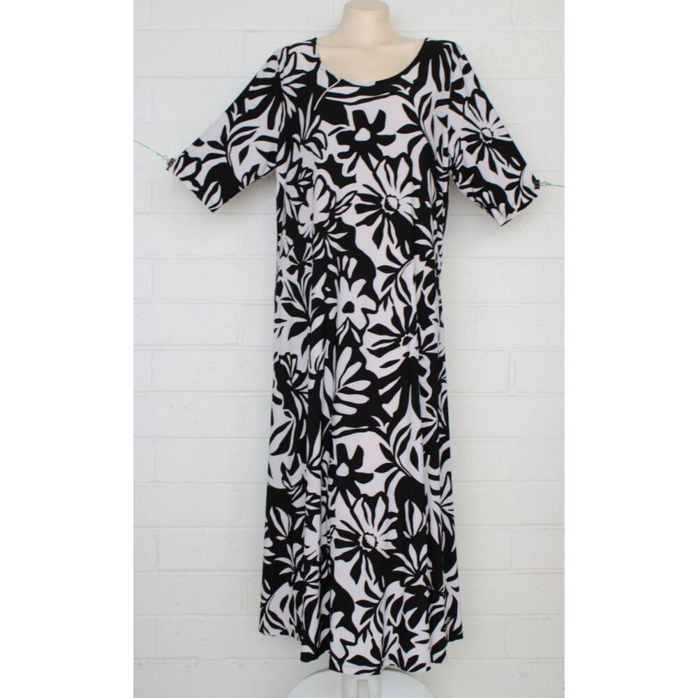 Large Black White Tropical Como Jersey Fit Flare Long Dress Attitudes by Renee. - Picture 3 of 6